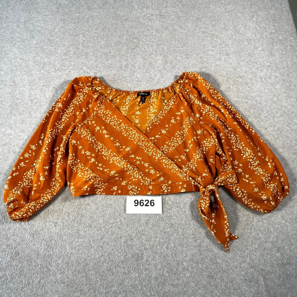 BCBG Paris Crop Blouse Top Womens XL Orange Floral Surplice V Neck Tie Front